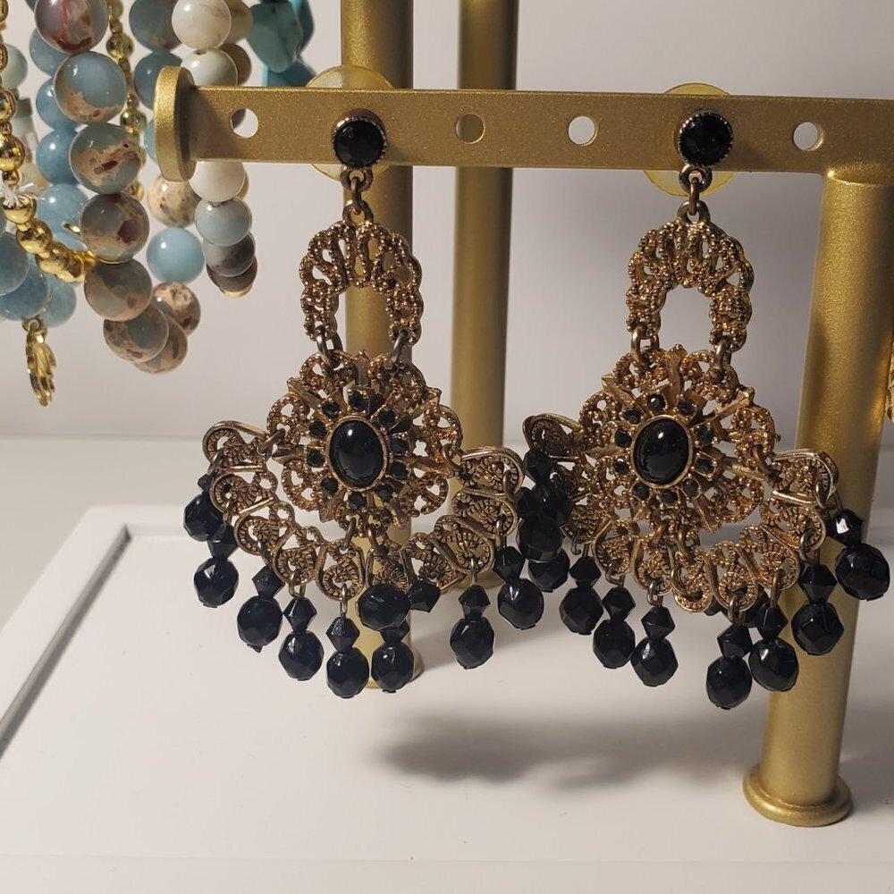 Gold and Black Metal/Bead Dangle Earrings